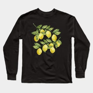 Yellow summer watercolor lemons with green leaves citrus illustration Long Sleeve T-Shirt